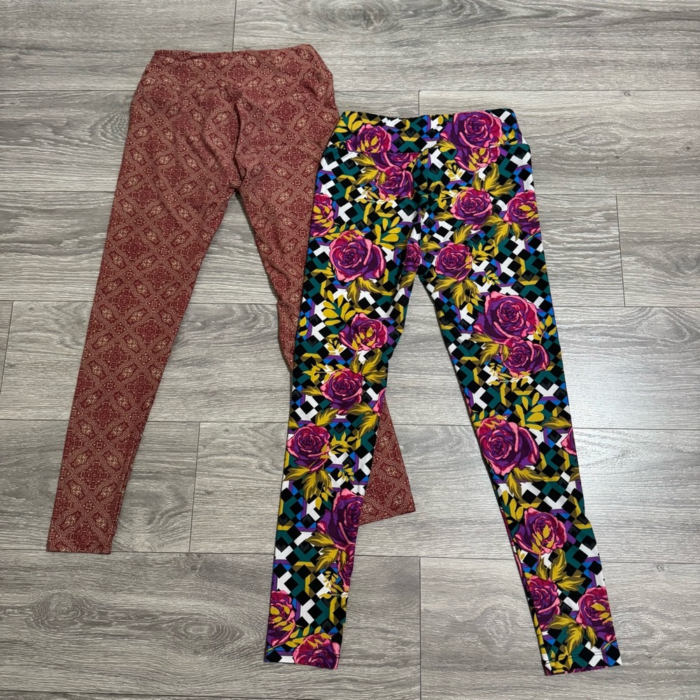 LuLaRoe Women Colorful Geometric and Floral Leggings Design One Size Set of‎ Two